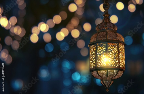 golden lantern with light and bokeh in the background