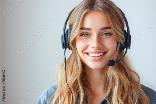 Smiling blonde girl with headset and and headphones on white background. Woman from the support service advises customers in call center.