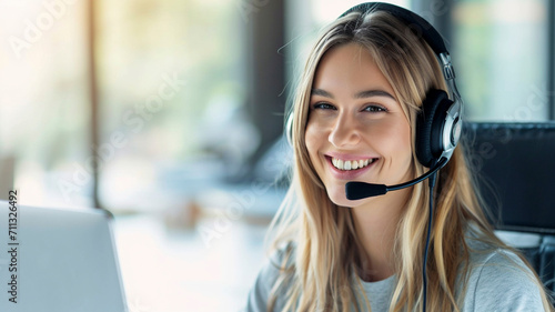 Smiling blonde girl with headphones and microphone on white background. Woman from the support service advises customers in call center. photo