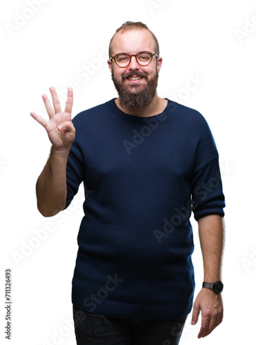 Young caucasian hipster man wearing sunglasses over isolated background showing and pointing up with fingers number four while smiling confident and happy.