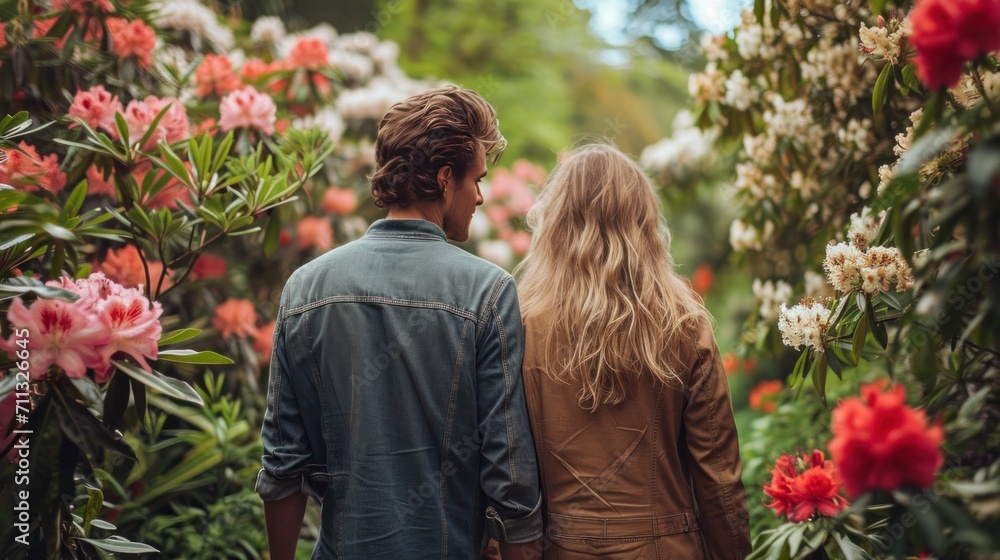 Loving couple wandering through a blooming garden, creating memories together.