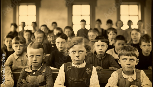 Vintage old portrait of school children. Antique photo. Retro picture of classmates. Group of children in the classroom. Vintage photo from 1920 with original film grain, blur and scratches.