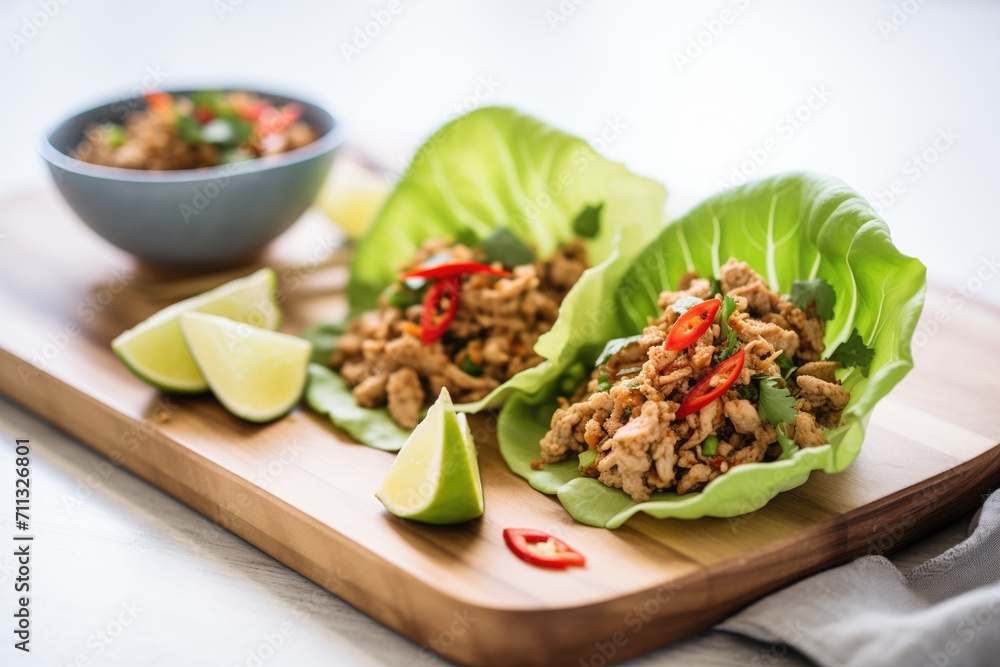 spicy turkey lettuce wraps with a red chili garnish spicy turkey lettuce wraps with a red chili garnish