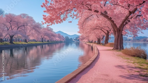 Sakura bloom in the park lake garden nature