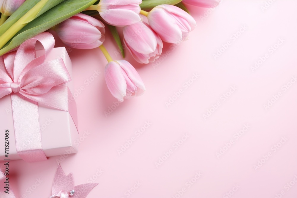 Fototapeta premium pink tulips and gifts on pink background
