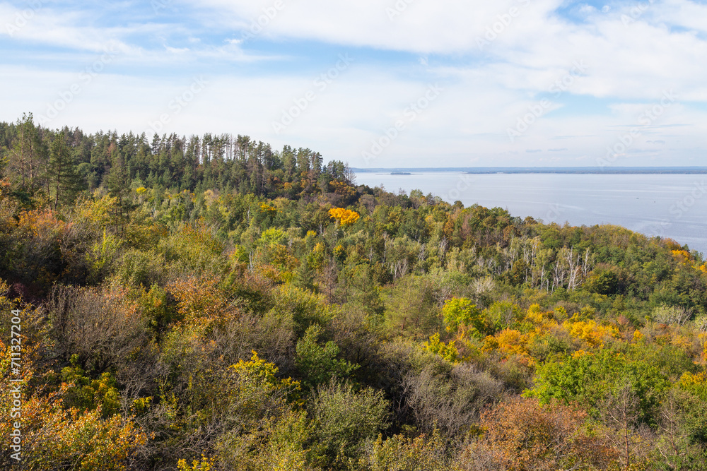 View of the Dnipro River from the high bank of the Trakhtemyriv Peninsula. Ukraine