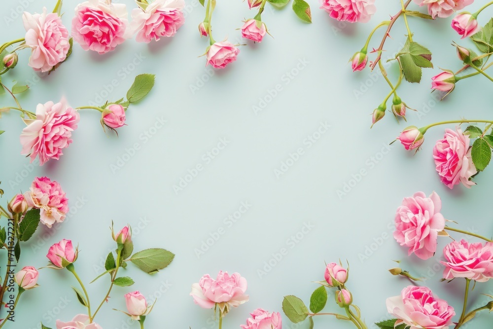 a cardboard frame of pink flowers on a light blue background