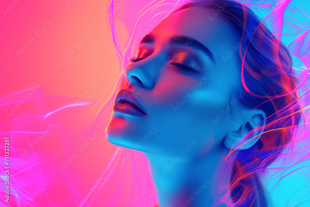 Fashion model brunette woman in colorful bright neon lights posing in studio. Beautiful sexy girl, trendy glowing makeup, High fashion model. High fashion model. woman in colorful bright neon UV blue 