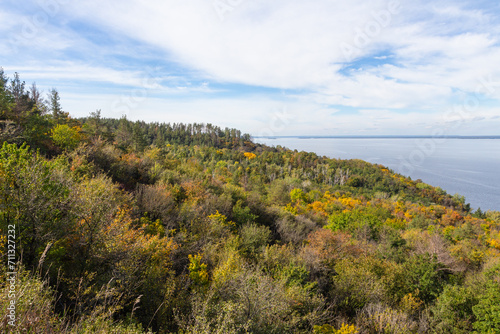 View of the Dnipro River from the high bank of the Trakhtemyriv Peninsula. Ukraine