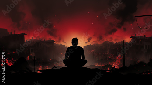 a broken and dilapidated urban landscape, with smoke rising from the buildings, symbolizing poverty. In the foreground, a silhouette of a person hunched over in pain photo