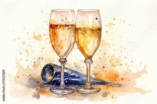 Watercolor painting showing two glasses of sparkling wine, with splashes of champagne on a white background. Generative AI