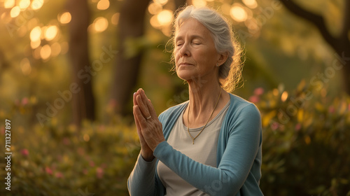 Elderly woman meditating in a serene outdoor setting, practicing yoga with a tranquil expression at sunset. photo