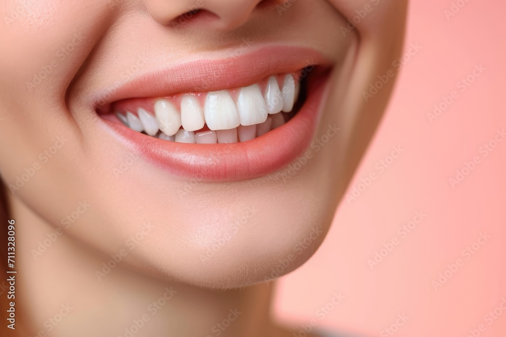 Close-up of a bright, confident smile with perfectly aligned teeth, set against a pastel-colored abstract background Close-up of a bright, confident smile with perfectly aligned teeth, set against a pastel-colored abstract background