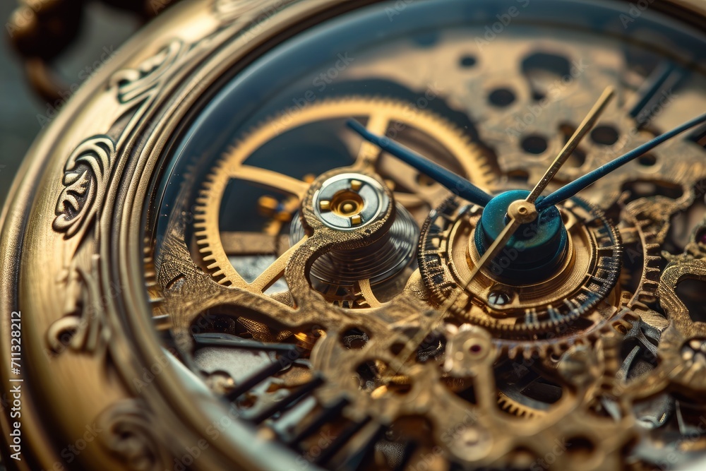 Detailed close-up of a vintage pocket watch and gears, mechanical beauty theme