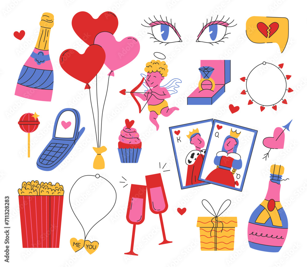 Set of Valentine's day doodle illustrations isolated on white background. Cute hand drawn elements about love. Good for posters, cards, prints, tags, signs, clipart, etc. Vector collection. Groovy Set of Valentine's day doodle illustrations isolated on white background. Cute hand drawn elements about love. Good for posters, cards, prints, tags, signs, clipart, etc. Vector collection. Groovy