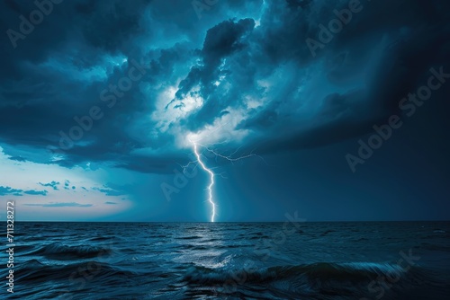 Dramatic close-up of a lightning bolt striking the ocean during a storm, dark clouds
