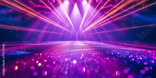 Neon rays on disco floor. Lights reflections, defocused effect. 