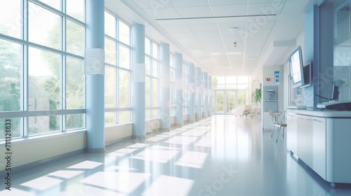 A blurred, high-resolution image of a spacious medical hallway, with sweeping panoramic windows offering a distant and inviting perspective. office corridor