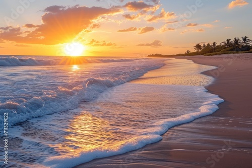 Sunset over a sandy beach with gentle waves and palm trees