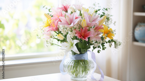 An Easter floral arrangement with colorful lilies