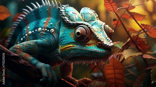 A hyper-realistic scene featuring a chameleon clinging to a tree branch  its eyes focused intently - Generative AI