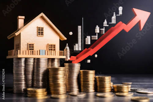 Home Investment Growth. Model house, stacked coins, and upward arrow on virtual screen. Financial planning for real estate. Symbolizing business, home value growth, and price inflation.