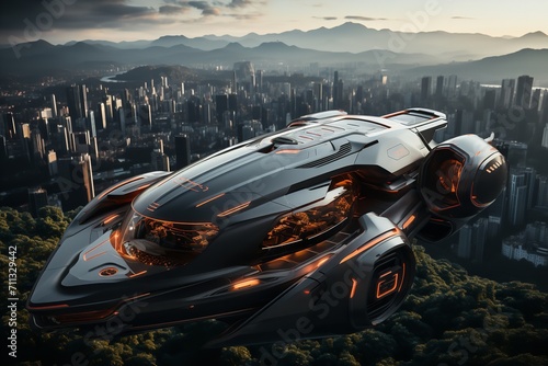 A black and orange futuristic spaceship flying over a city