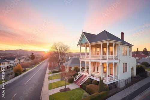 sunset view of an italianate homes belvedere with warm lighting photo