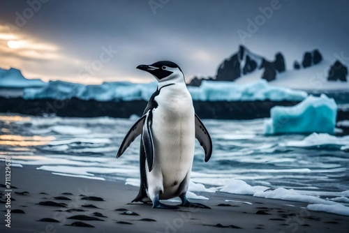 Elevate your appreciation for nature s wonders with a charming portrayal of a chinstrap penguin on the tranquil beach in Antarctica.