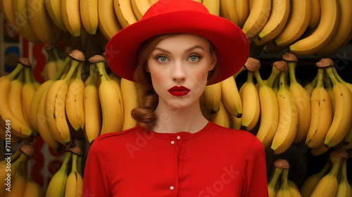 Portrait of a woman with a banana background, 90s styled  photo