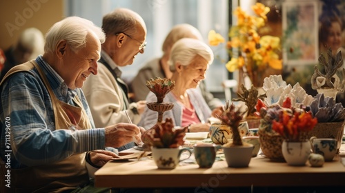 
Elderly individuals engaging in art and craft activities, such as painting or pottery,  photo