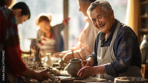  Elderly individuals engaging in art and craft activities, such as painting or pottery, 