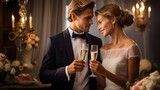 
Elegant shot of a bride and groom toasting with champagne glasses, showcasing the romance of wedding celebrations