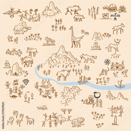 Prehistoric Illustration Icons in Simple Hand-Drawn Style