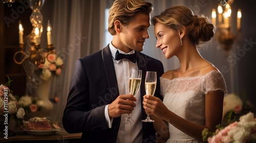  Elegant shot of a bride and groom toasting with champagne glasses, showcasing the romance of wedding celebrations