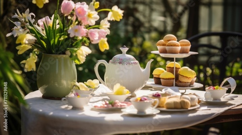  Elegant shots of a garden tea party settings with Easter-themed decorations, showcasing sophistication and charm in the celebration,