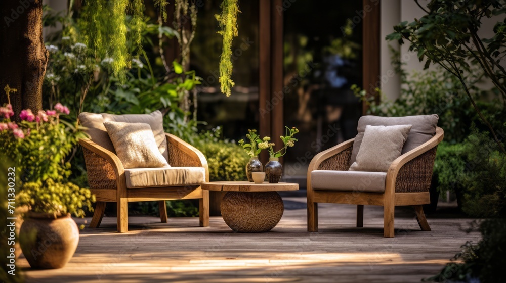 Garden or patio scene with unconventional outdoor furniture and decor, capturing the spirit of an alternative and inspiring outdoor workspace. - obrazy, fototapety, plakaty 