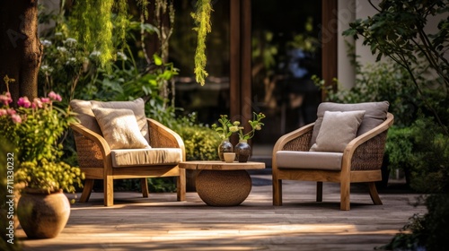 Garden or patio scene with unconventional outdoor furniture and decor, capturing the spirit of an alternative and inspiring outdoor workspace.