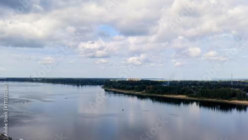 Rybinsk, Russia. Volga river, Rybinsk hydroelectric power plant on the horizon, Aerial View