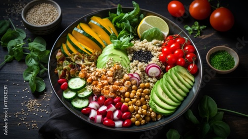  High-angle shot of a beautifully arranged Buddha bowl with a variety of grains  vegetables  and protein sources  emphasizing the balance and nutrition of this popular dish