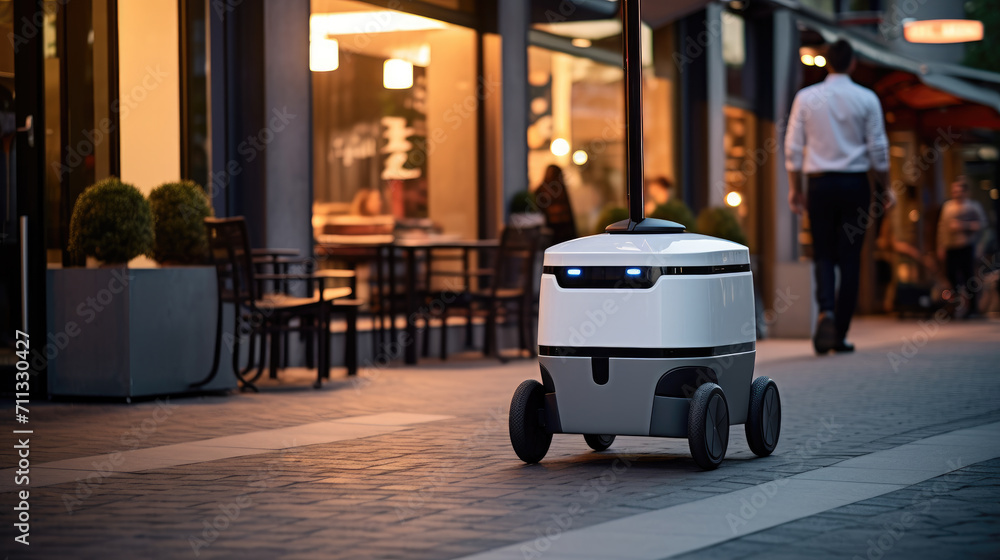 Mobile robot delivering food on the street.
Mobile robot delivering food on the street.