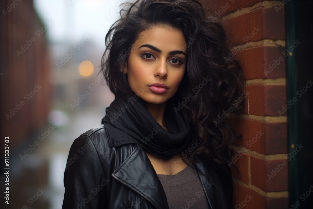 Portrait of a beautiful young woman in black leather jacket and scarf