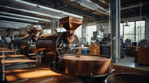  Interior shots of a coffee beans roastery  showcasing the machinery and atmosphere of the production process 