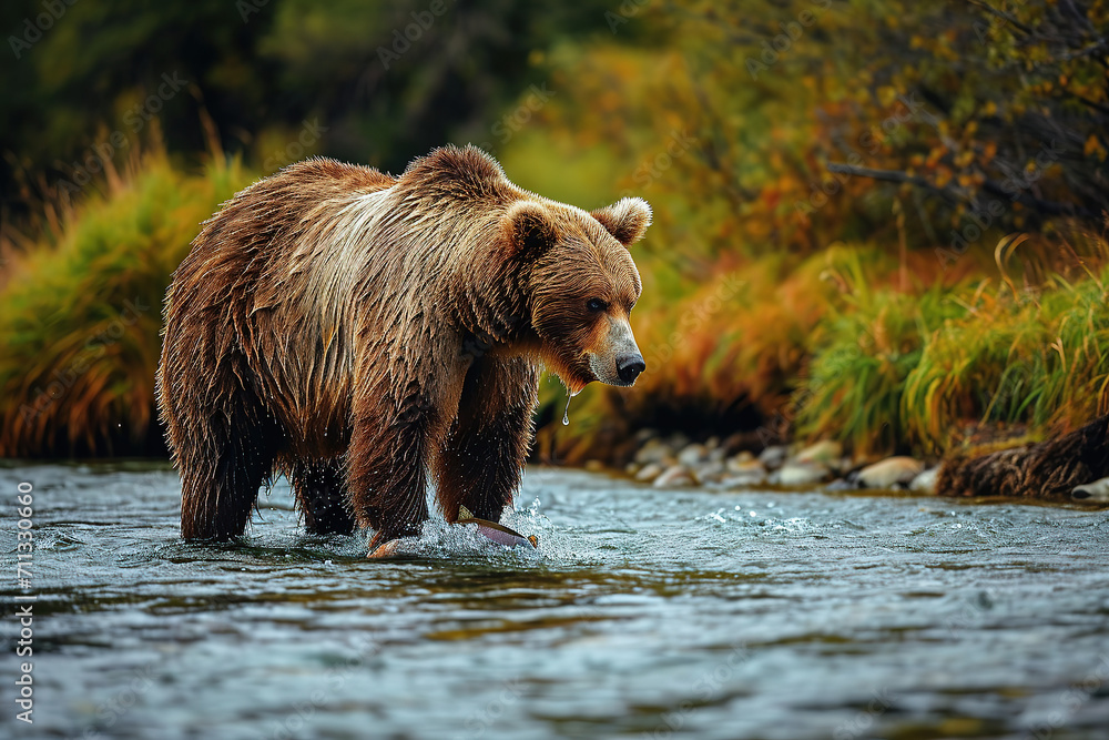 Grizzly bear looking for salmon