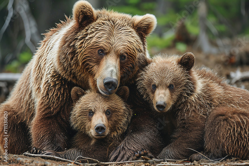 A family of grizzly bears hug and play.