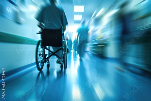 Blurry background with patient on wheelchair nurse and World Disability Day.