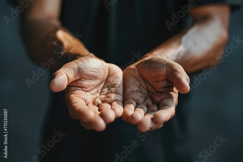 close up man hands reaching together for helping and support and human rights of equality concept. photo