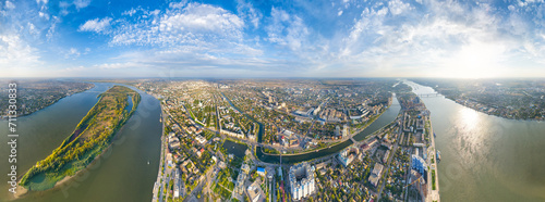 Astrakhan, Russia. Panorama of the city from the air in summer. The Volga River and Gorodstoy Island. Panorama 360. Aerial view photo