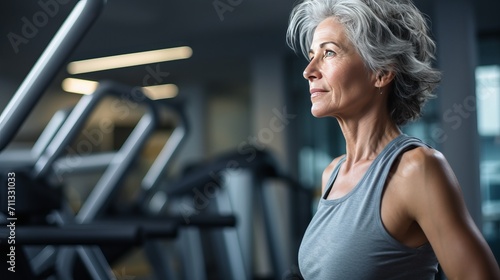  Portrait, of mid age woman, working on a fitness equipment in fitness studio, without make up, emphasizing gray hair and natural aging