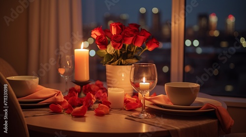  Romantic dinner setup with candles and flowers  celebrating valentines or a couple s anniversary.